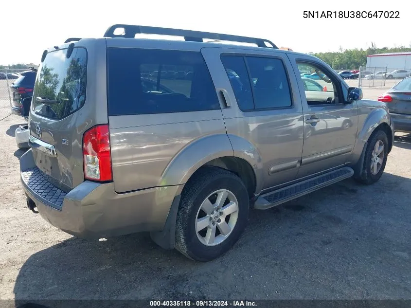 2008 Nissan Pathfinder S/Le/Se VIN: 5N1AR18U38C647022 Lot: 40335118