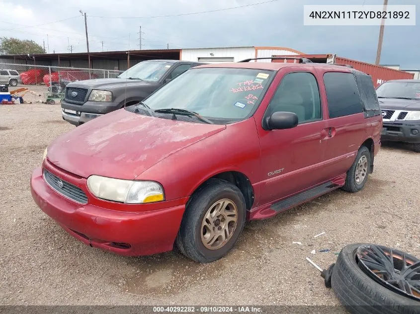 2000 Nissan Quest Gle/Gxe/Se/Se-Cloth VIN: 4N2XN11T2YD821892 Lot: 40292282