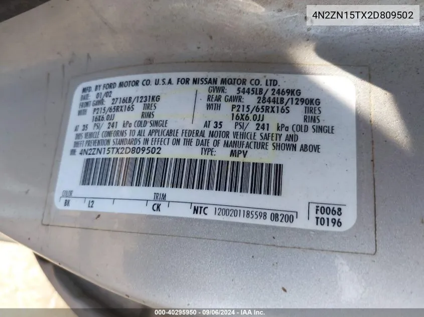 4N2ZN15TX2D809502 2002 Nissan Quest Gxe