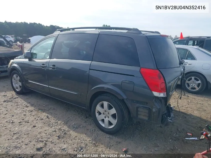 2004 Nissan Quest S/Se/Sl VIN: 5N1BV28U04N352416 Lot: 40311255