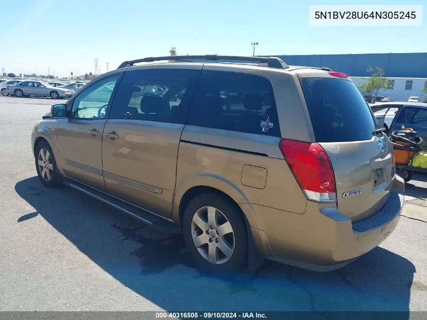 2004 Nissan Quest 3.5 Se VIN: 5N1BV28U64N305245 Lot: 40316505