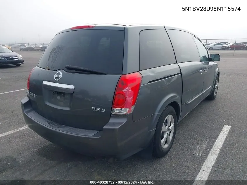 2008 Nissan Quest S/Se/Sl VIN: 5N1BV28U98N115574 Lot: 40328792