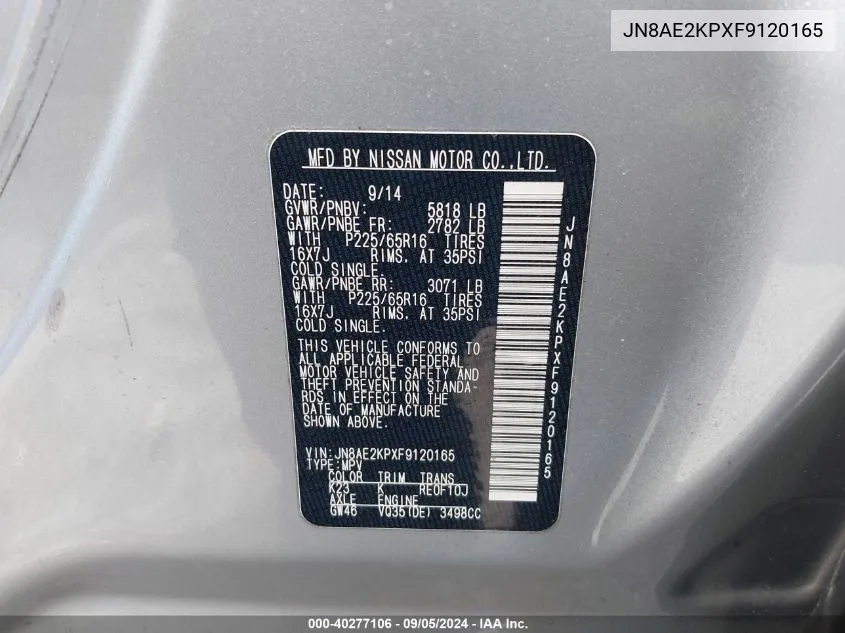 JN8AE2KPXF9120165 2015 Nissan Quest Platinum/S/Sl/Sv