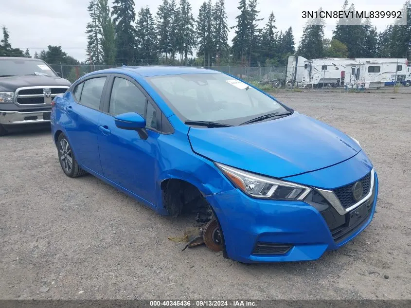 2021 Nissan Versa Sv Xtronic Cvt VIN: 3N1CN8EV1ML839992 Lot: 40345436