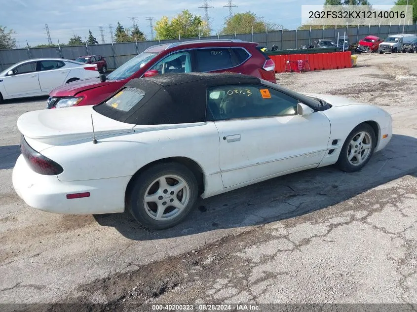 2001 Pontiac Firebird VIN: 2G2FS32KX12140016 Lot: 40200323