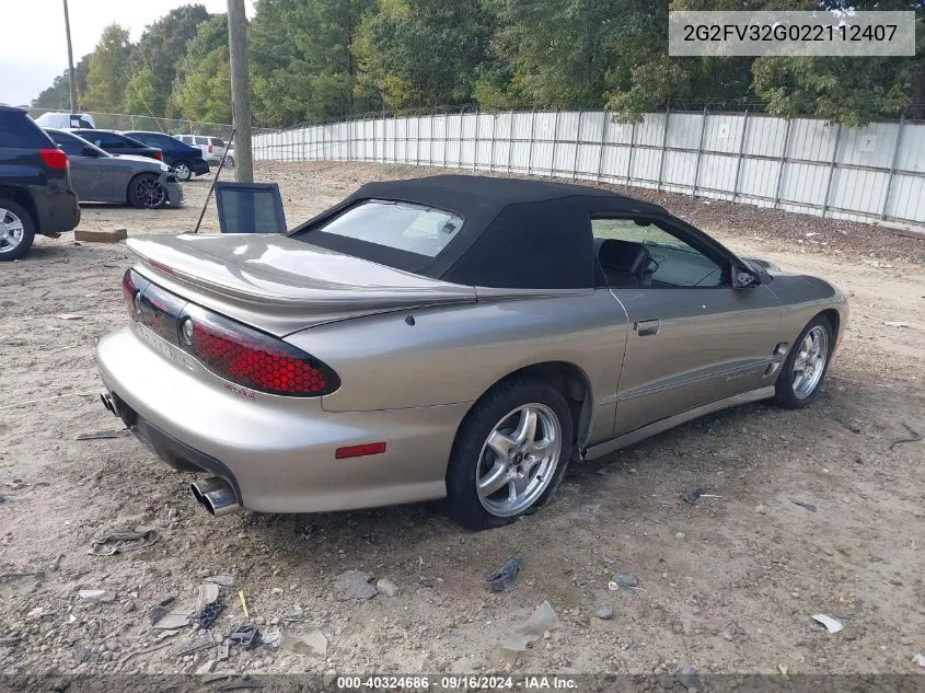 2002 Pontiac Firebird Trans Am VIN: 2G2FV32G022112407 Lot: 40324686