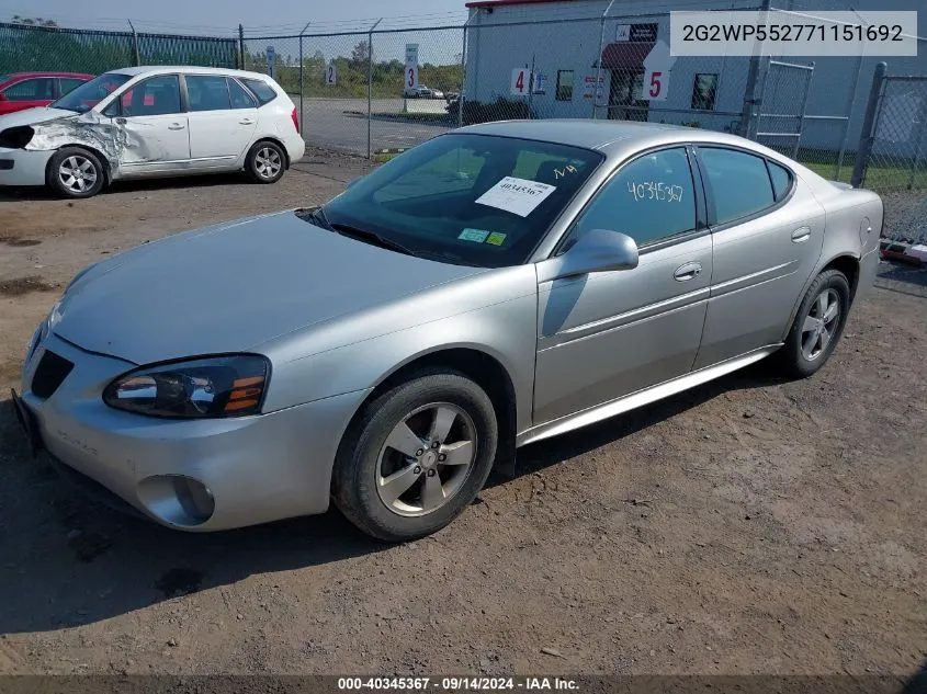 2007 Pontiac Grand Prix VIN: 2G2WP552771151692 Lot: 40345367