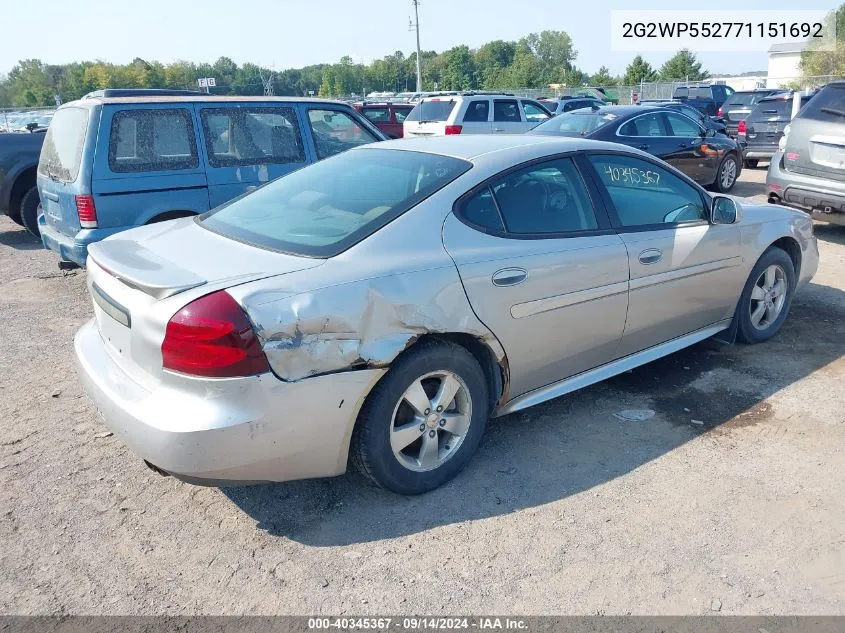 2007 Pontiac Grand Prix VIN: 2G2WP552771151692 Lot: 40345367