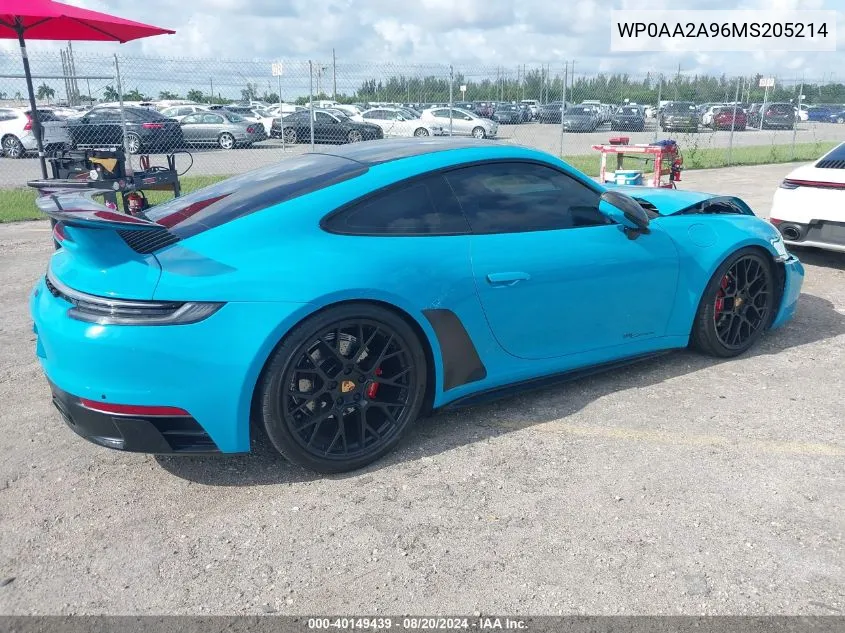 2021 Porsche 911 Carrera/Carrera 4 VIN: WP0AA2A96MS205214 Lot: 40149439