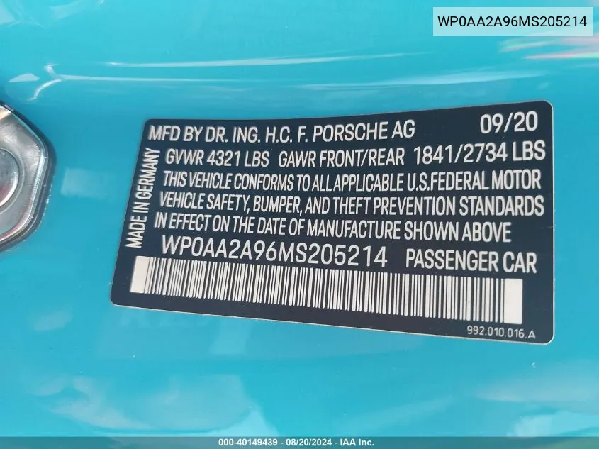 2021 Porsche 911 Carrera/Carrera 4 VIN: WP0AA2A96MS205214 Lot: 40149439