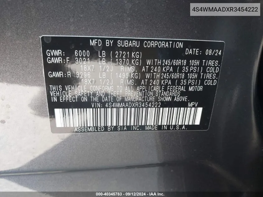 4S4WMAADXR3454222 2024 Subaru Ascent Base 8-Passenger