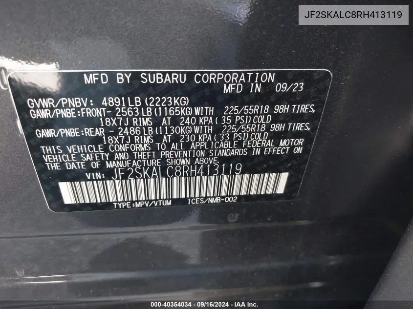 2024 Subaru Forester Limited VIN: JF2SKALC8RH413119 Lot: 40354034