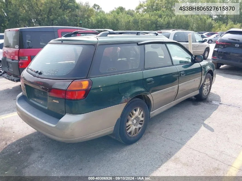 2002 Subaru Outback H6-3.0 L.l. Bean Edition VIN: 4S3BH806527615870 Lot: 40306926