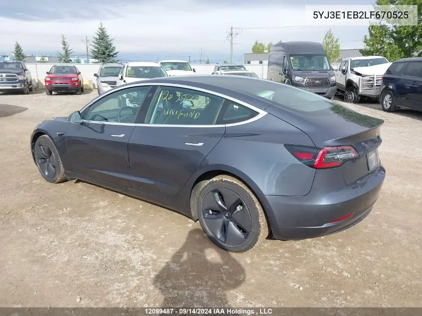 2020 Tesla Model 3 VIN: 5YJ3E1EB2LF670525 Lot: 12099487