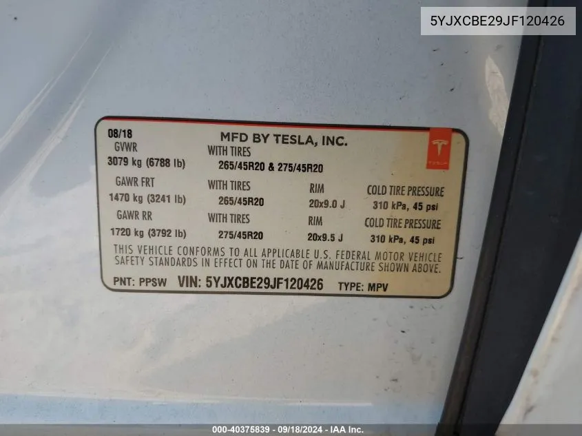 5YJXCBE29JF120426 2018 Tesla Model X