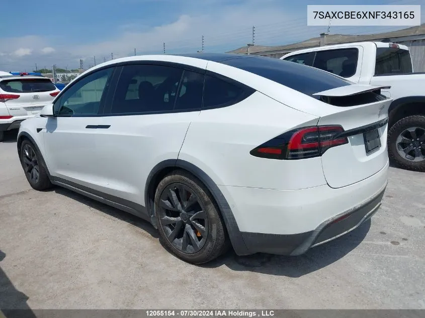 2022 Tesla Model X VIN: 7SAXCBE6XNF343165 Lot: 12055154