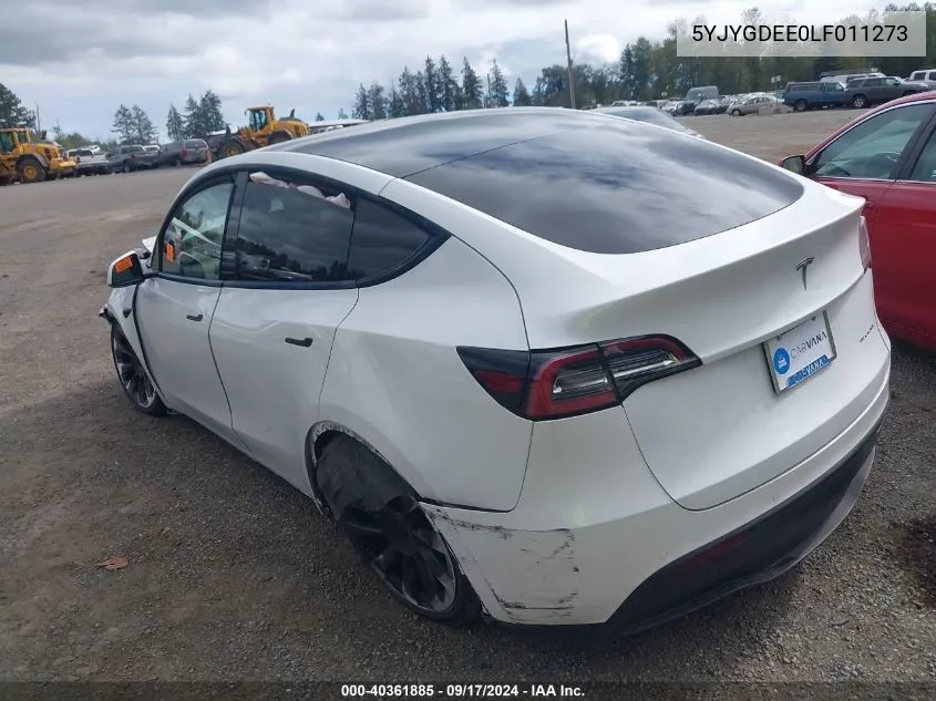 2020 Tesla Model Y Long Range Dual Motor All-Wheel Drive VIN: 5YJYGDEE0LF011273 Lot: 40361885