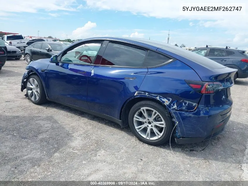 2021 Tesla Model Y Long Range Dual Motor All-Wheel Drive VIN: 5YJYGAEE2MF262747 Lot: 40369908