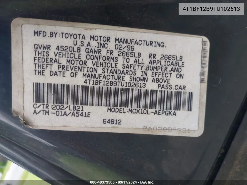 4T1BF12B9TU102613 1996 Toyota Avalon Xl/Xls