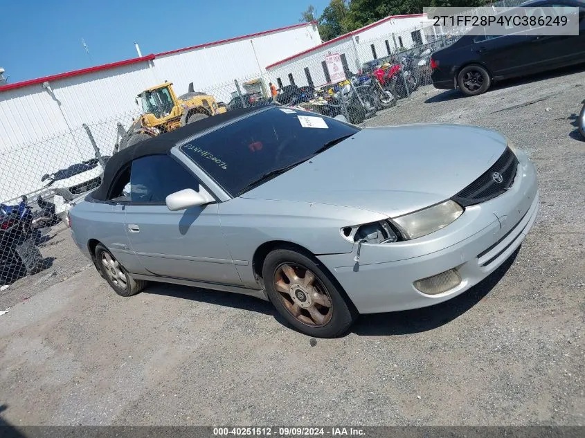 2000 Toyota Camry Solara Sle V6 VIN: 2T1FF28P4YC386249 Lot: 40251512