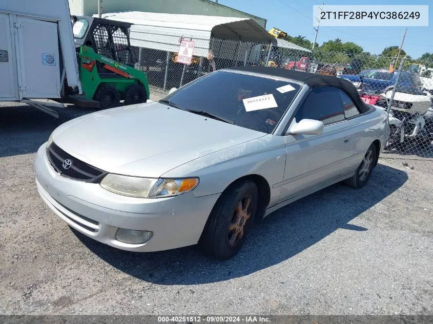 2000 Toyota Camry Solara Sle V6 VIN: 2T1FF28P4YC386249 Lot: 40251512