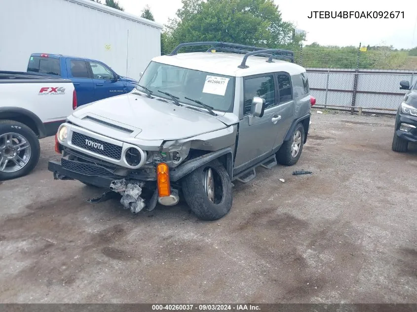 2010 Toyota Fj Cruiser VIN: JTEBU4BF0AK092671 Lot: 40260037