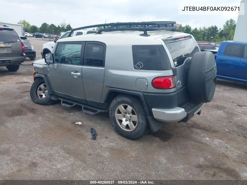 2010 Toyota Fj Cruiser VIN: JTEBU4BF0AK092671 Lot: 40260037