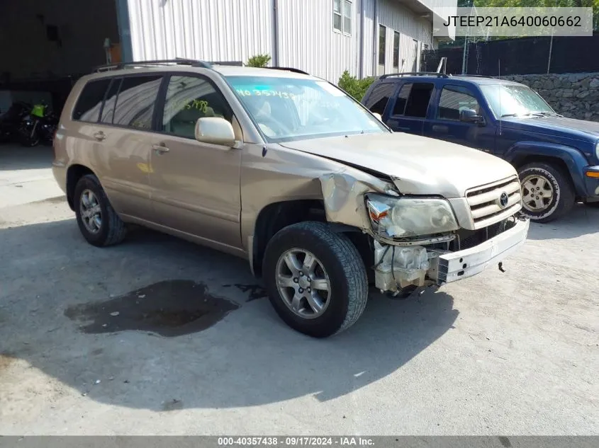 2004 Toyota Highlander V6 VIN: JTEEP21A640060662 Lot: 40357438