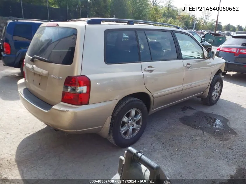 2004 Toyota Highlander V6 VIN: JTEEP21A640060662 Lot: 40357438