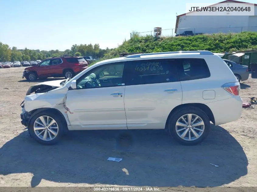 2010 Toyota Highlander Hybrid Limited V6 VIN: JTEJW3EH2A2040648 Lot: 40376636