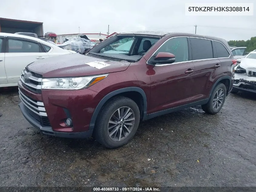 2019 Toyota Highlander Xle VIN: 5TDKZRFH3KS308814 Lot: 40369733