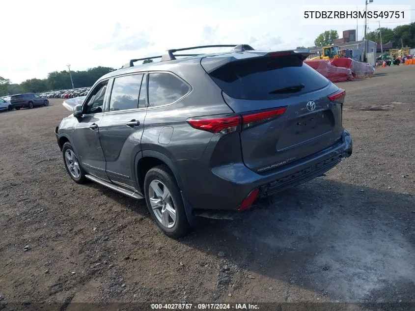 2021 Toyota Highlander Le VIN: 5TDBZRBH3MS549751 Lot: 40278757