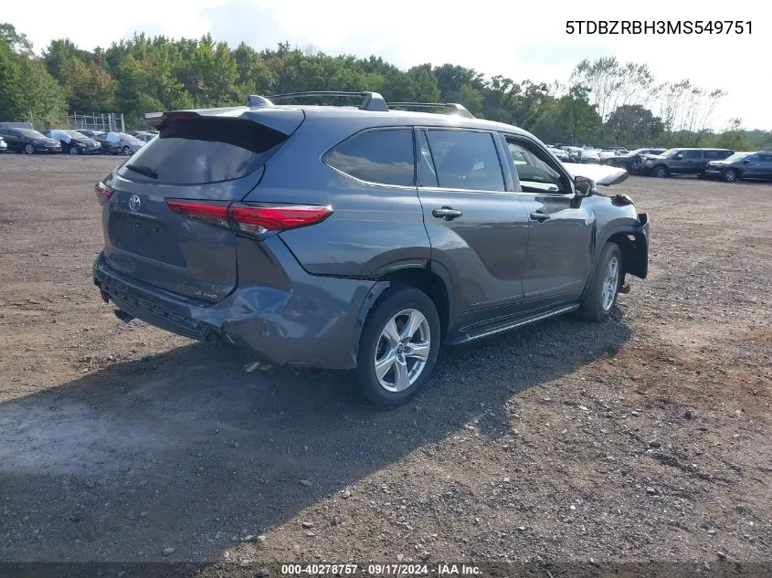 2021 Toyota Highlander Le VIN: 5TDBZRBH3MS549751 Lot: 40278757