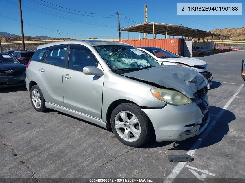 2004 Toyota Matrix Xr VIN: 2T1KR32E94C190188 Lot: 40306572