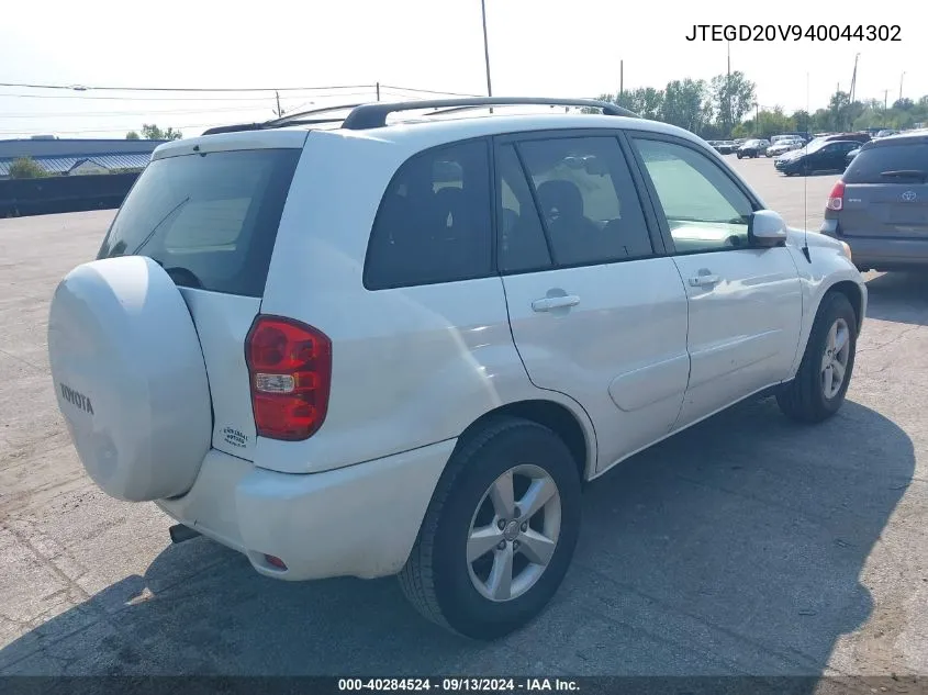 2004 Toyota Rav4 VIN: JTEGD20V940044302 Lot: 40284524