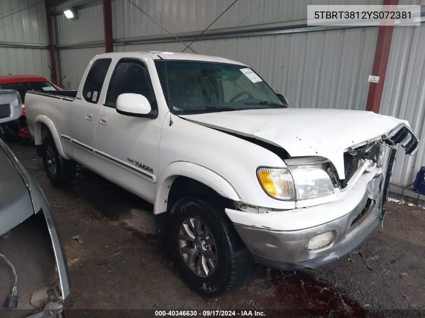 5TBRT3812YS072381 2000 Toyota Tundra Ltd V8