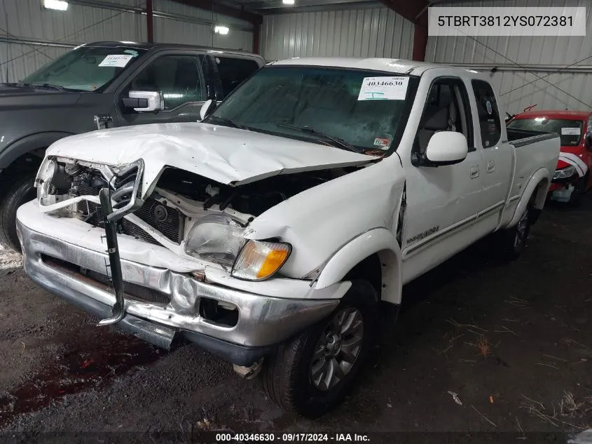 5TBRT3812YS072381 2000 Toyota Tundra Ltd V8