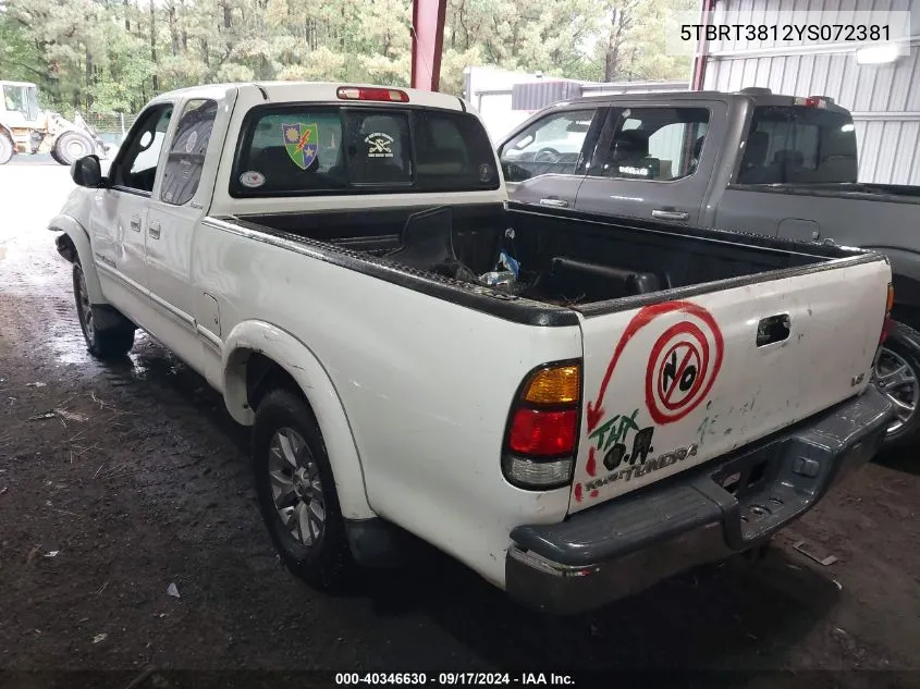 2000 Toyota Tundra Ltd V8 VIN: 5TBRT3812YS072381 Lot: 40346630