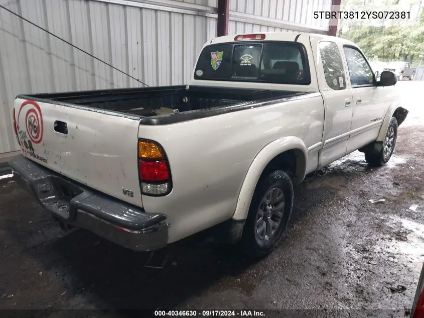 5TBRT3812YS072381 2000 Toyota Tundra Ltd V8