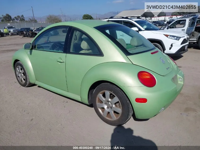 2003 Volkswagen New Beetle Glx VIN: 3VWDD21C43M402855 Lot: 40380248