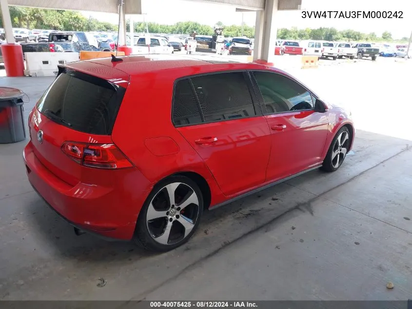 2015 Volkswagen Golf Gti 2.0T Autobahn 4-Door VIN: 3VW4T7AU3FM000242 Lot: 40075425