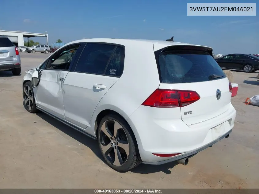 2015 Volkswagen Golf Gti 2.0T Se 4-Door VIN: 3VW5T7AU2FM046021 Lot: 40163053