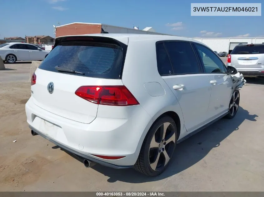 2015 Volkswagen Golf Gti 2.0T Se 4-Door VIN: 3VW5T7AU2FM046021 Lot: 40163053