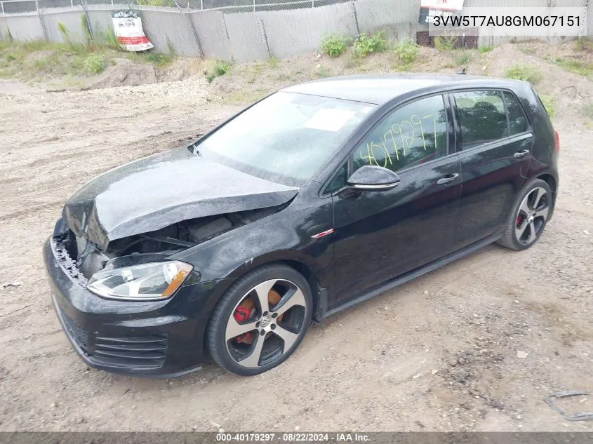 2016 Volkswagen Golf Gti S 4-Door VIN: 3VW5T7AU8GM067151 Lot: 40179297