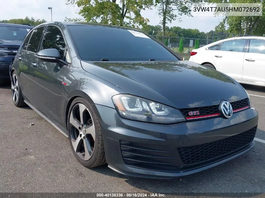 2017 Volkswagen Golf Gti Autobahn 4-Door/S 4-Door/Se 4-Door/Sport 4-Door VIN: 3VW4T7AU5HM072692 Lot: 40138336