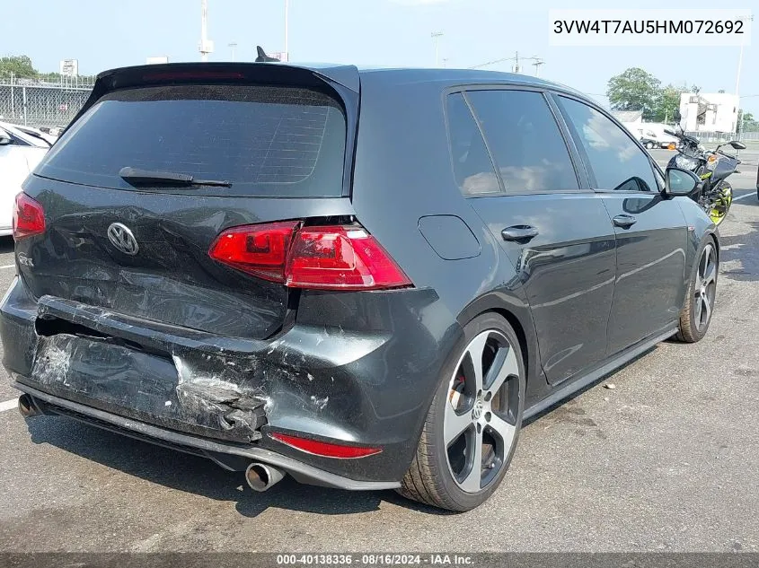 2017 Volkswagen Golf Gti Autobahn 4-Door/S 4-Door/Se 4-Door/Sport 4-Door VIN: 3VW4T7AU5HM072692 Lot: 40138336