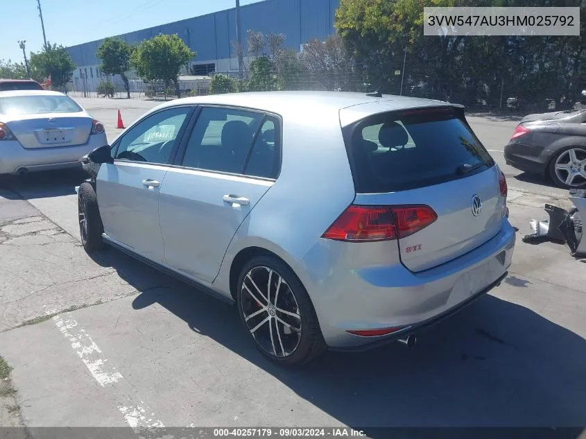 2017 Volkswagen Golf Gti VIN: 3VW547AU3HM025792 Lot: 40257179