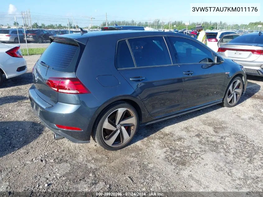 2019 Volkswagen Golf Gti 2.0T Autobahn/2.0T Rabbit Edition/2.0T S/2.0T Se VIN: 3VW5T7AU7KM011176 Lot: 39920266