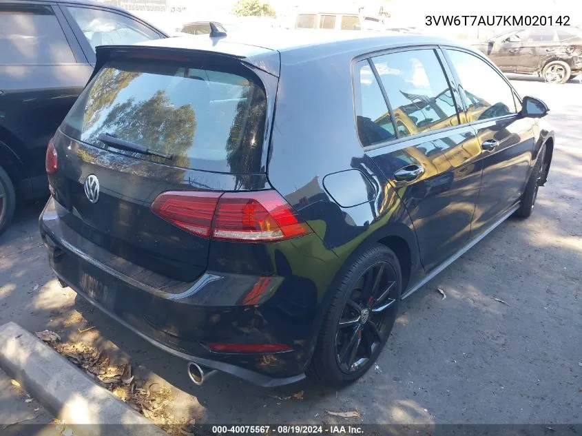 2019 Volkswagen Golf Gti 2.0T Autobahn/2.0T Rabbit Edition/2.0T S/2.0T Se VIN: 3VW6T7AU7KM020142 Lot: 40075567