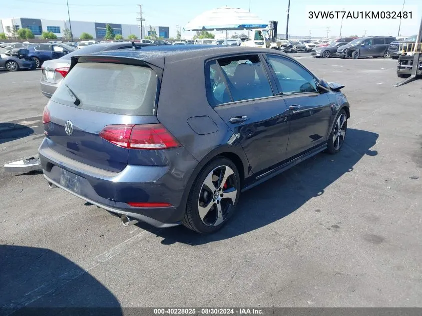 2019 Volkswagen Golf Gti 2.0T Autobahn/2.0T Rabbit Edition/2.0T S/2.0T Se VIN: 3VW6T7AU1KM032481 Lot: 40228025